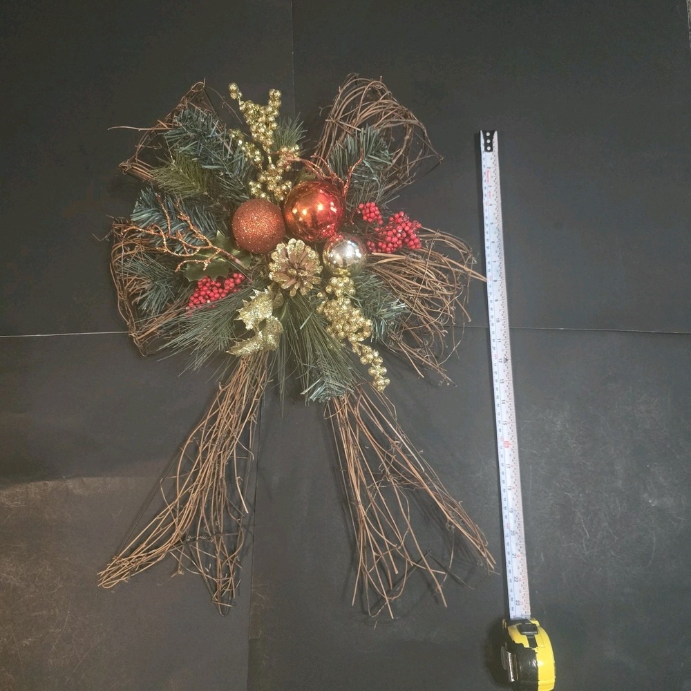 Rustic Twig Christmas Bow Ornament Holiday Decor Red Glitter Orbs Pine Branches - Picture 5 of 6